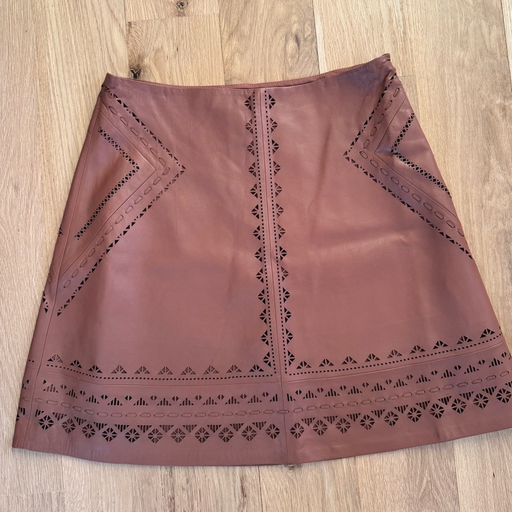 WHBM Leather Laser Cut Skirt Size 8 NWT A-Line Brown